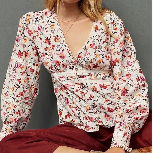 Anthropologie Tops - Anthropologie Button Down Floral Fitted Lace Panel  Blouse
